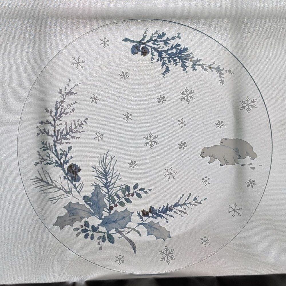 Winter Frost Pfaltzgraff Polar Bear Blue Pine 13" Round Glassware Cake Plate